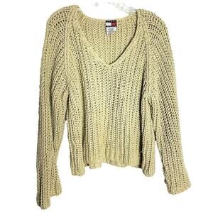 Vintage 90s Tommy Hilfiger Sweater Womens L Beige Cotton Chunky Knit Crop V Neck